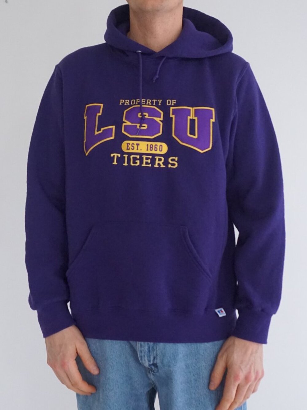 Vintage Russell Athletic Purple LSU Tigers Graphic College Hooded Sweatshirt M
